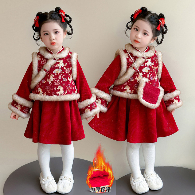女童中国风拜年服女宝宝汉服裙子儿童红色新年周岁礼服童装