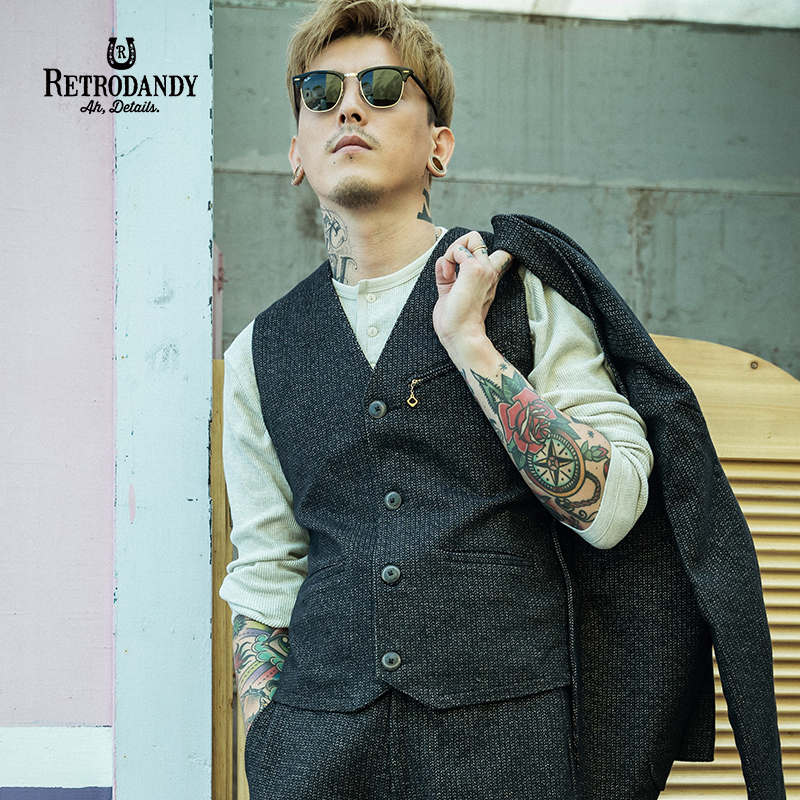 美式复古人字纹绅士修身西装马甲