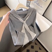 海军领条纹披肩领带长袖 t恤女秋冬新款 韩系减龄小众V领正肩上衣女
