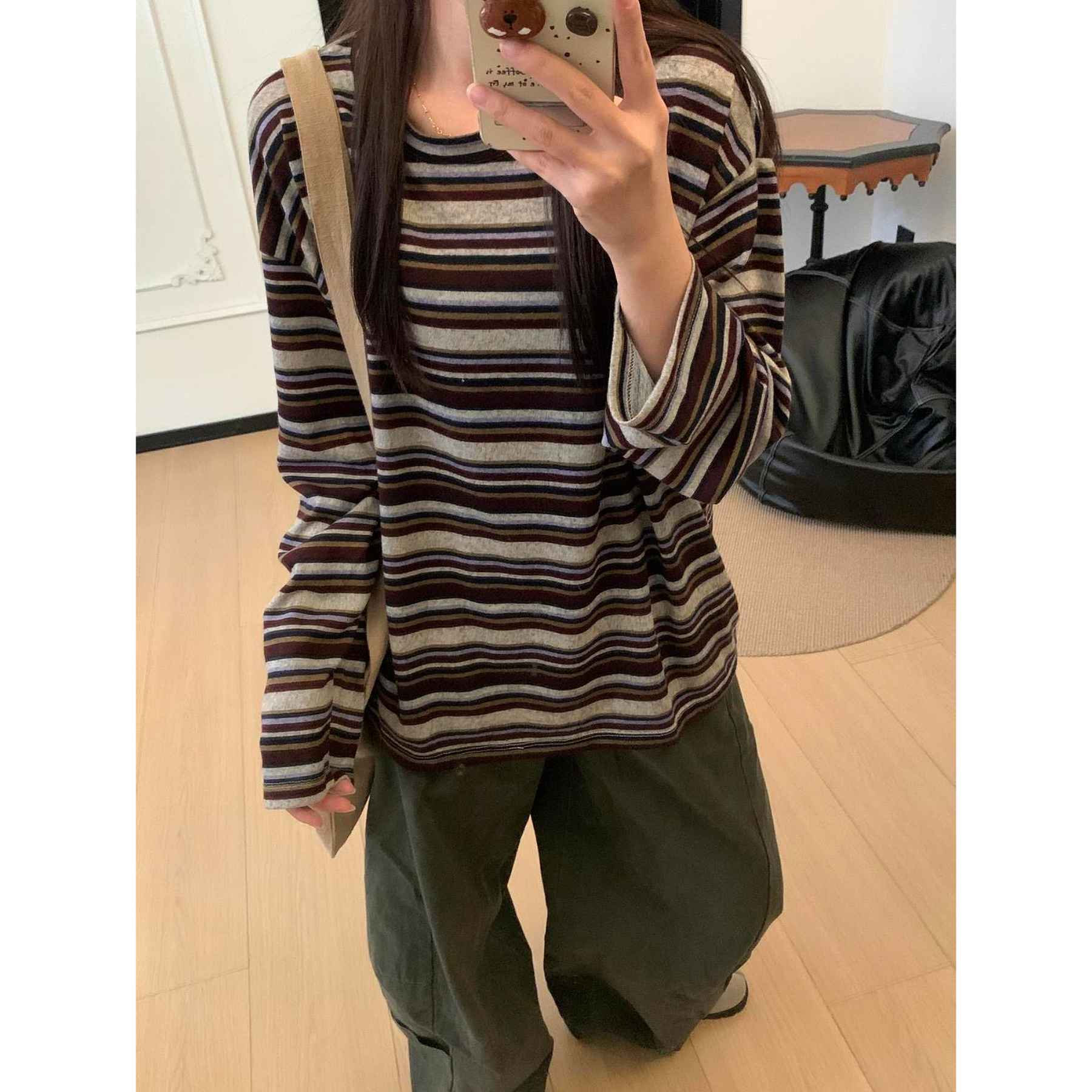 韩系复古撞色条纹圆领长袖t恤女秋冬慵懒感宽松显瘦百搭上衣女ins