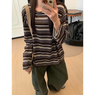 韩系复古撞色条纹圆领长袖t恤女秋冬慵懒感宽松显瘦百搭上衣女ins