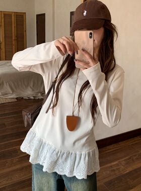 白色德绒蕾丝花边圆领长袖T恤女秋冬洋气百搭显瘦圆领打底衫女ins