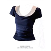 韩系小众藏蓝色娃娃领短袖 上衣 显瘦学院风短款 t恤女夏季 甜美修身