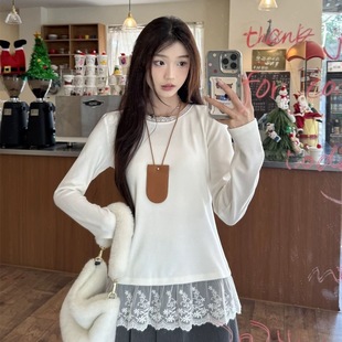 长袖 法式 女秋冬叠穿拼接时尚 打底衫 t恤上衣 白色蕾丝花边内搭长袖