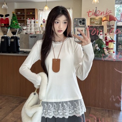 法式白色蕾丝花边内搭长袖打底衫女秋冬叠穿拼接时尚长袖t恤上衣