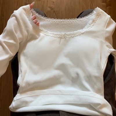 纯欲德绒蕾丝花边长袖T恤女秋冬保暖内搭设计感蝴蝶结修身打底衫