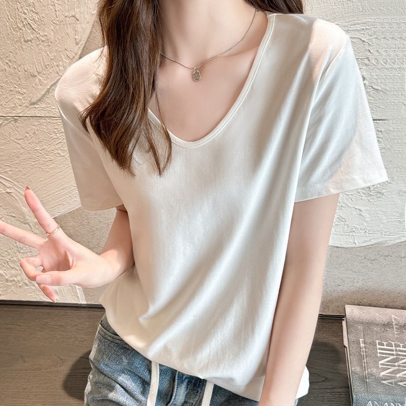 纯色正肩V领短袖T恤女2025夏季新款慵懒风打底休闲百搭上衣短袖女