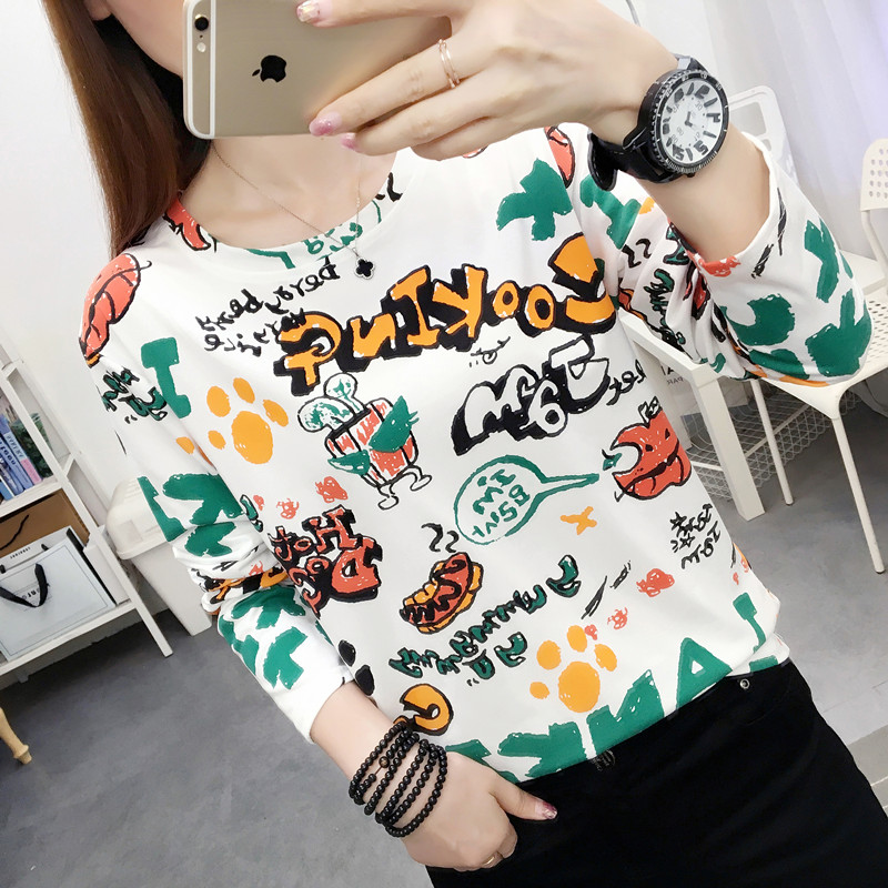印花扎染长袖T恤2025秋冬新款百搭韩版长袖T恤打底衫女外穿ins潮