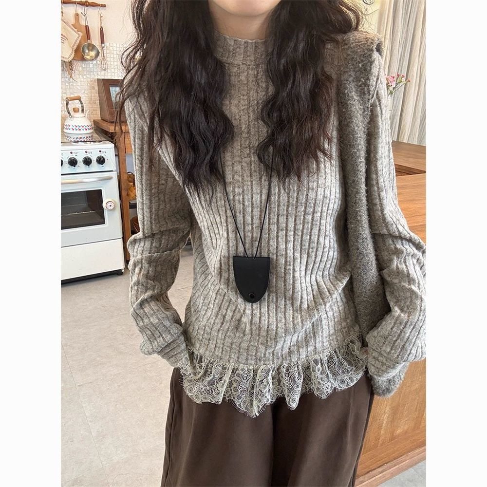 韩系半高领蕾丝拼接下摆长袖打底衫女秋冬慵懒感修身显瘦上衣女