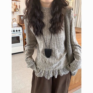 韩系半高领蕾丝拼接下摆长袖打底衫女秋冬慵懒感修身显瘦上衣女