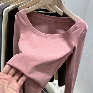 双面德绒低圆领长袖打底衫女秋冬洋气内搭U领修身显瘦纯欲上衣女