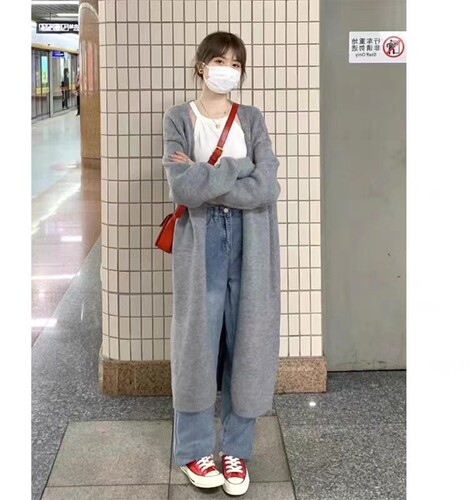 灰色针织开衫外套长款毛秋冬胖MM
