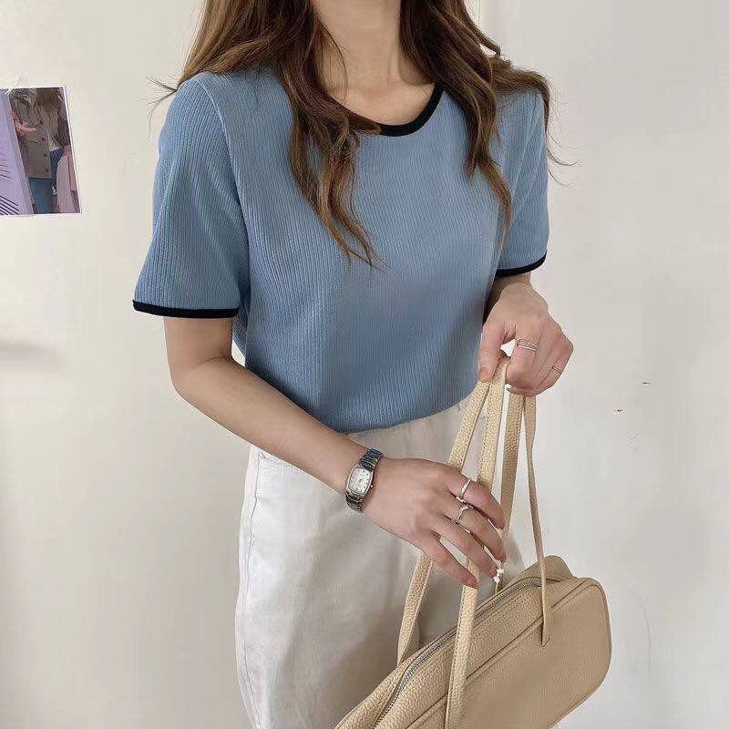 短袖T恤u领针织衫上衣女夏季2023
