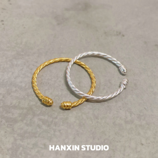 HANXIN S925纯银极简风素圈麻花纹细戒指女开口小众设计感简约ins
