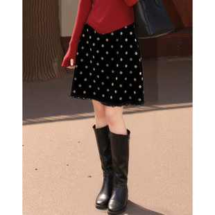【26年新春拜年半身裙】加绒波点丝绒小个子显高包臀中短裙女