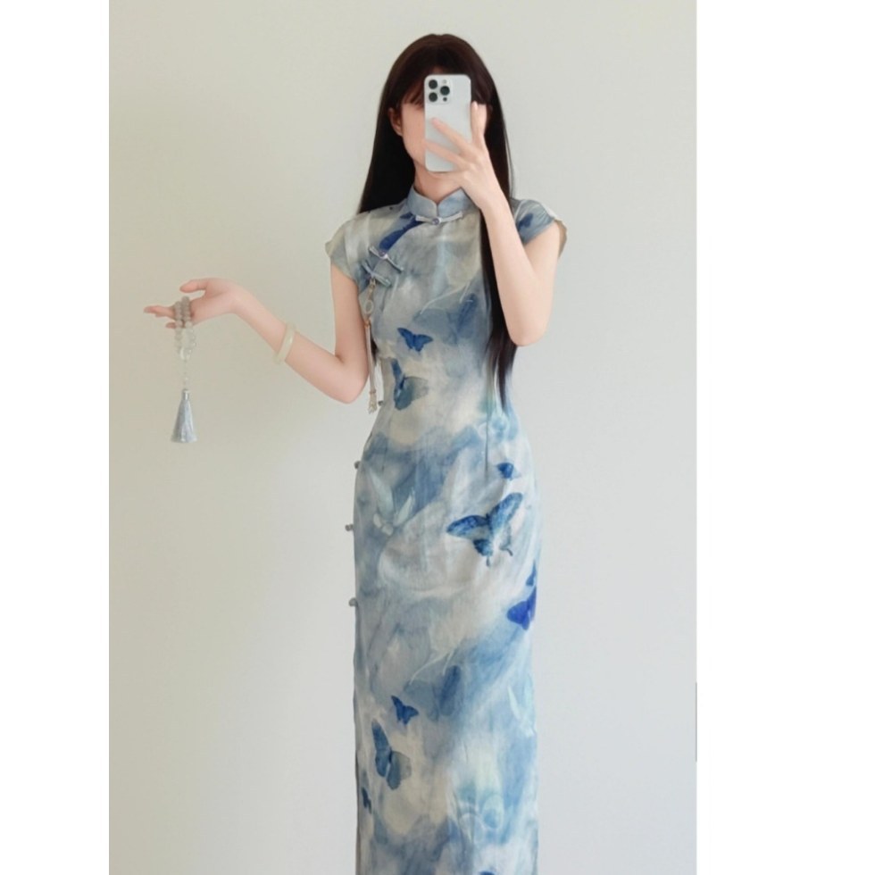 旗袍女新中式蓝色晕染连衣裙2025新款今年流行爆款多巴胺掐腰裙子