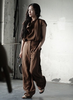 Oase张点 重磅100%桑蚕丝香云纱莨绸立裁短袖荡领衬衫/拉腿裤