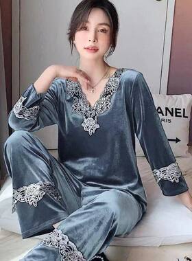 金丝绒睡衣女春秋长袖加肥加大码胖MM200斤冬天家居服套装可外穿