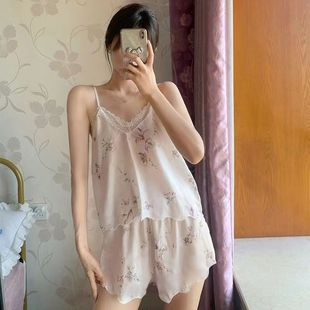 睡衣女ins风性感新款 两件套少女甜美印花家居服o 冰丝薄款 吊带短裤
