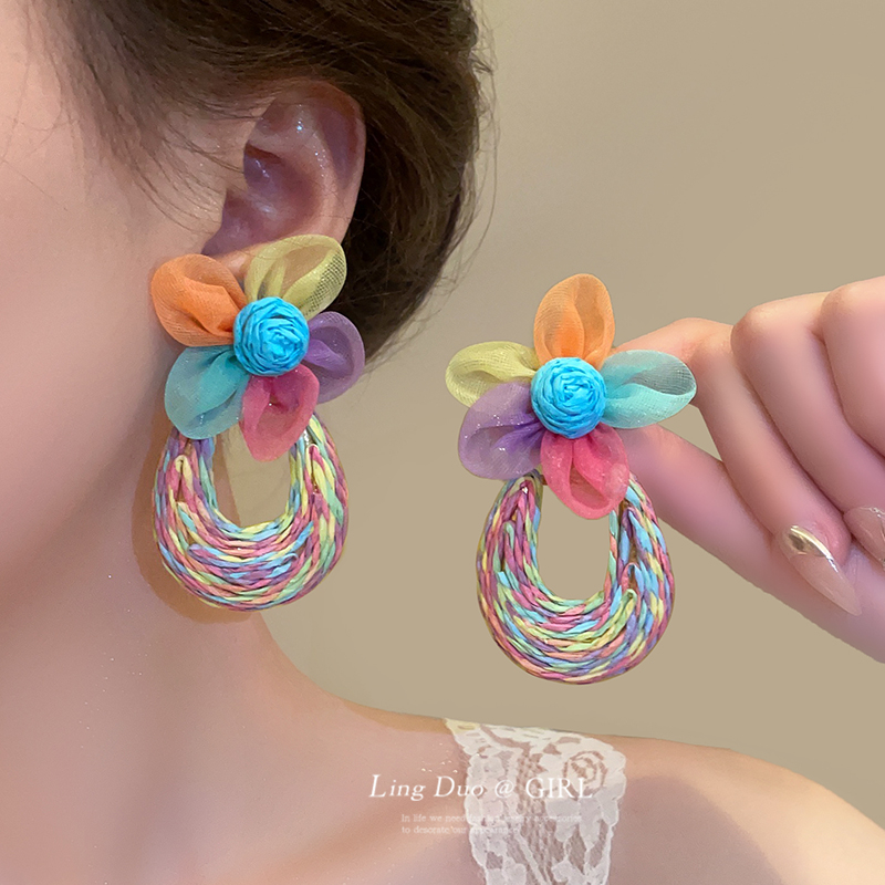 日韩彩色编织花朵耳钉女