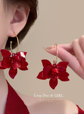 复古设计感超仙花朵耳环女法式夸张红色花瓣耳坠高级感独特耳饰品