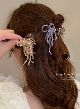 轻奢重工超仙花朵串珠流苏抓夹精致温柔百搭半扎发夹后脑勺盘发夹