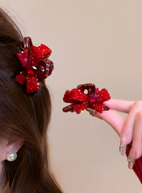 高级感红色蝴蝶结水钻小抓夹女简约气质刘海夹侧边碎发夹子发饰