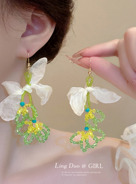 绿色森系串珠花朵耳钉女夏天2025新款爆款海边度假风耳环夸张耳饰