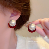 复古撞色植绒珍珠耳环女秋冬新款 小众独特耳钉高级感气质百搭耳饰