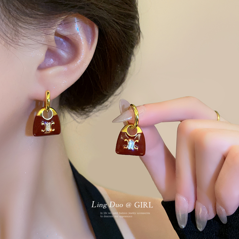 安可拉红色包包耳圈耳环女轻奢高级感小众设计复古秋冬耳扣耳饰品