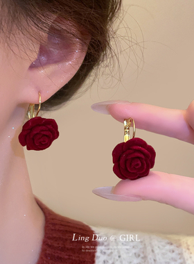 新年红色玫瑰花朵耳环女气质名媛复古港风耳饰脸圆显脸瘦大气耳钉