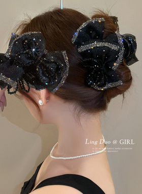 2025新款黑色蝴蝶结镶钻抓夹女高级感气质后脑勺盘发丸子头鲨鱼夹