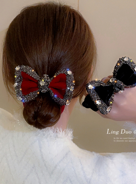 红色网红新款丝绒水钻蝴蝶结大肠扎马尾橡皮筋发圈女高级感发绳