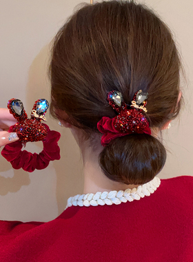 新年红色发饰女满钻可爱兔子耐用皮套大肠发圈扎马尾头绳绑头发绳