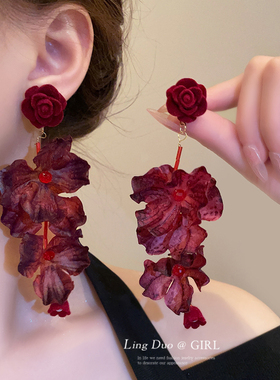 红色玫瑰长款耳钉复古夸张度假风氛围感海边耳环晨袍耳饰女超仙