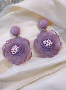 超仙紫色蕾丝花朵耳环女2025年新款潮复古港风温柔气质花瓣耳坠
