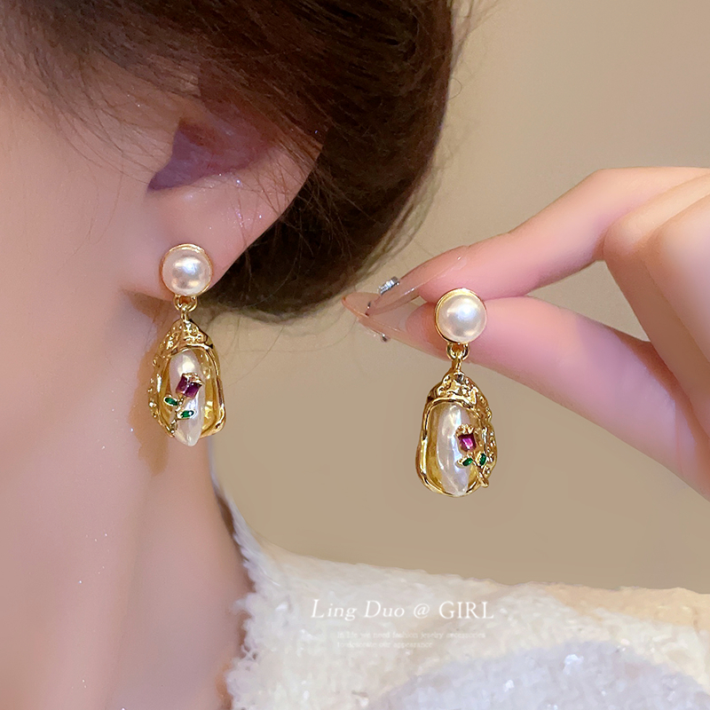 日韩合金材质不规则珍珠耳环女