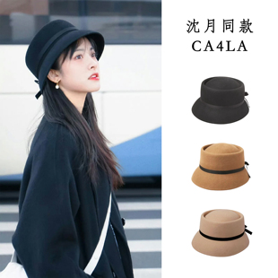 日本ca4la沈月同款复古赫本风蝴蝶结礼帽女羊毛呢渔夫帽毡帽秋冬