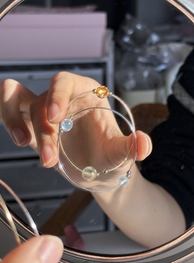 ERSHI尔时｜同辉 原创设计黄水晶海蓝宝s925银弹力手镯可调节叠戴