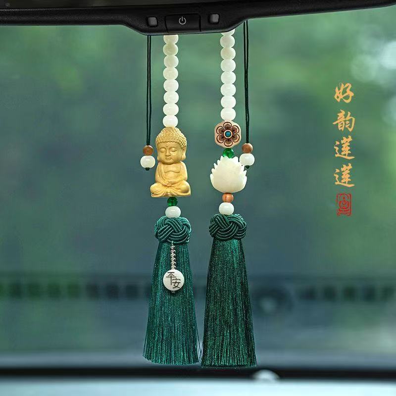 实木莲花佛佑平安后视镜车挂
