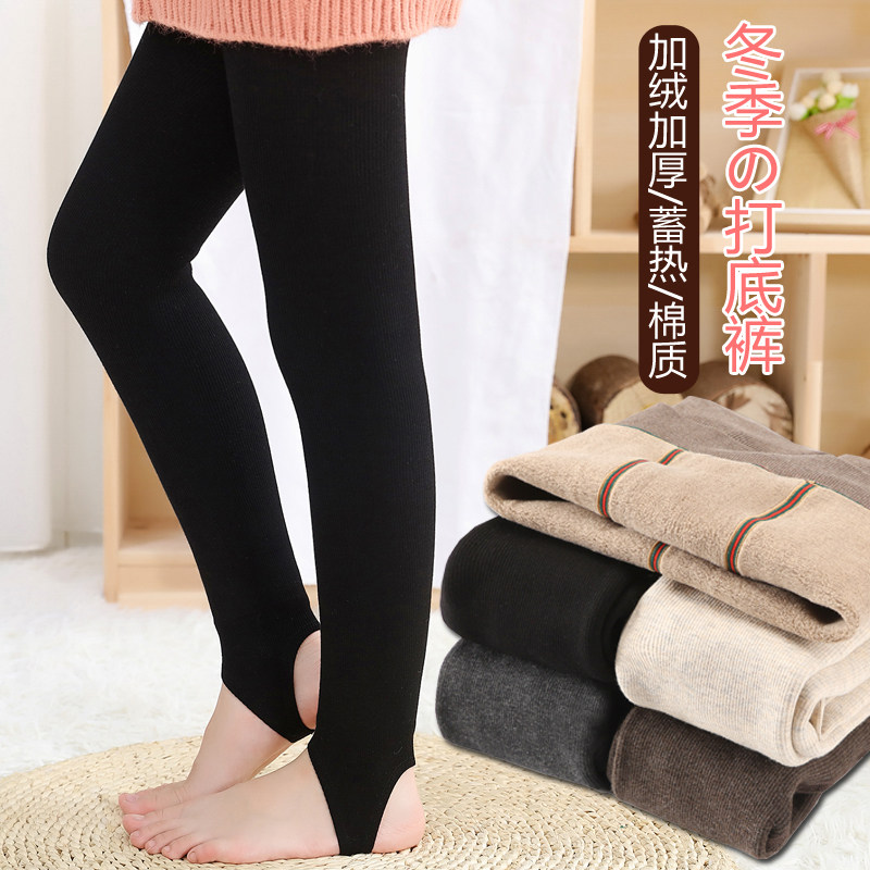 中大童秋冬加绒加厚竖条连裤袜保暖外穿洋气儿童打底裤加绒裤踩脚