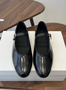 cocy法式复古风黑色真皮玛丽珍鞋女一字扣带平底芭蕾舞鞋春季单鞋