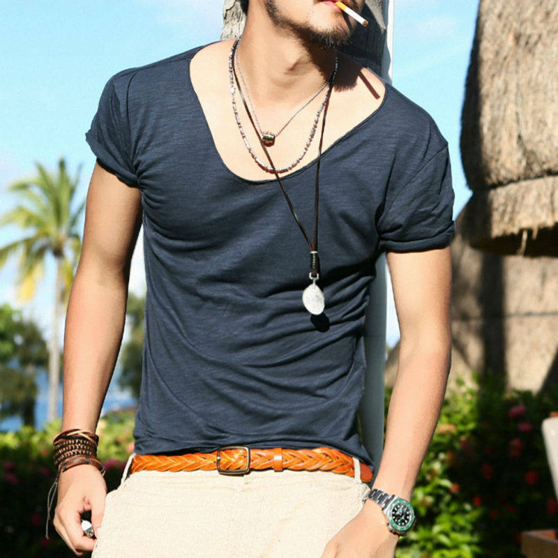 鸡心领大V领大领口短袖T恤男士纯棉韩版宽松骷髅头宽领半袖T恤潮