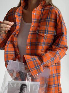 欧美风格纹宽松口袋翻领长袖衬衫Loose pocket plaid lapel shirt