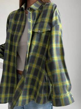 欧美复古翻领宽松衬衣格纹长袖口袋衬衫 Lapel loose plaid shirt