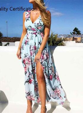 Beach Dress Women Blue Flower Split Dresses