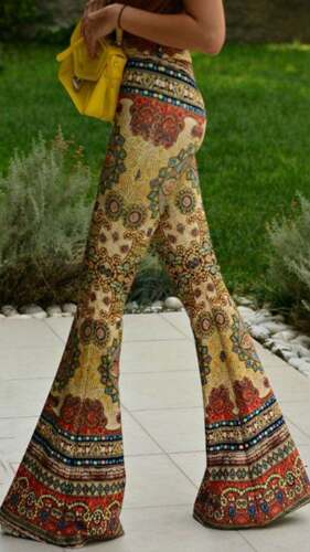 欧美潮款紧身包臀复古印花微喇叭裤裤子Printed flared trousers