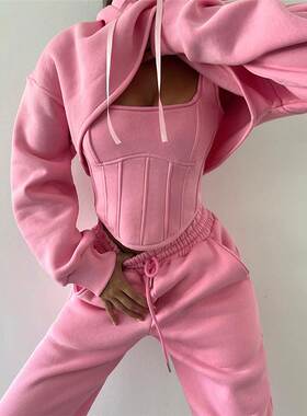 连帽卫衣小背心束腰长裤三件套女Hooded Sweater Tank Pants Set