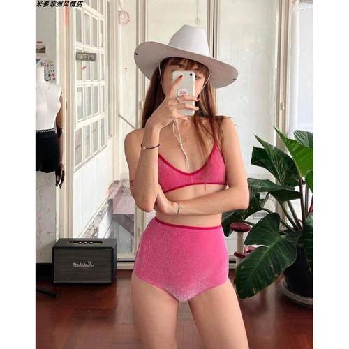 纯色比基尼分体撞色高腰