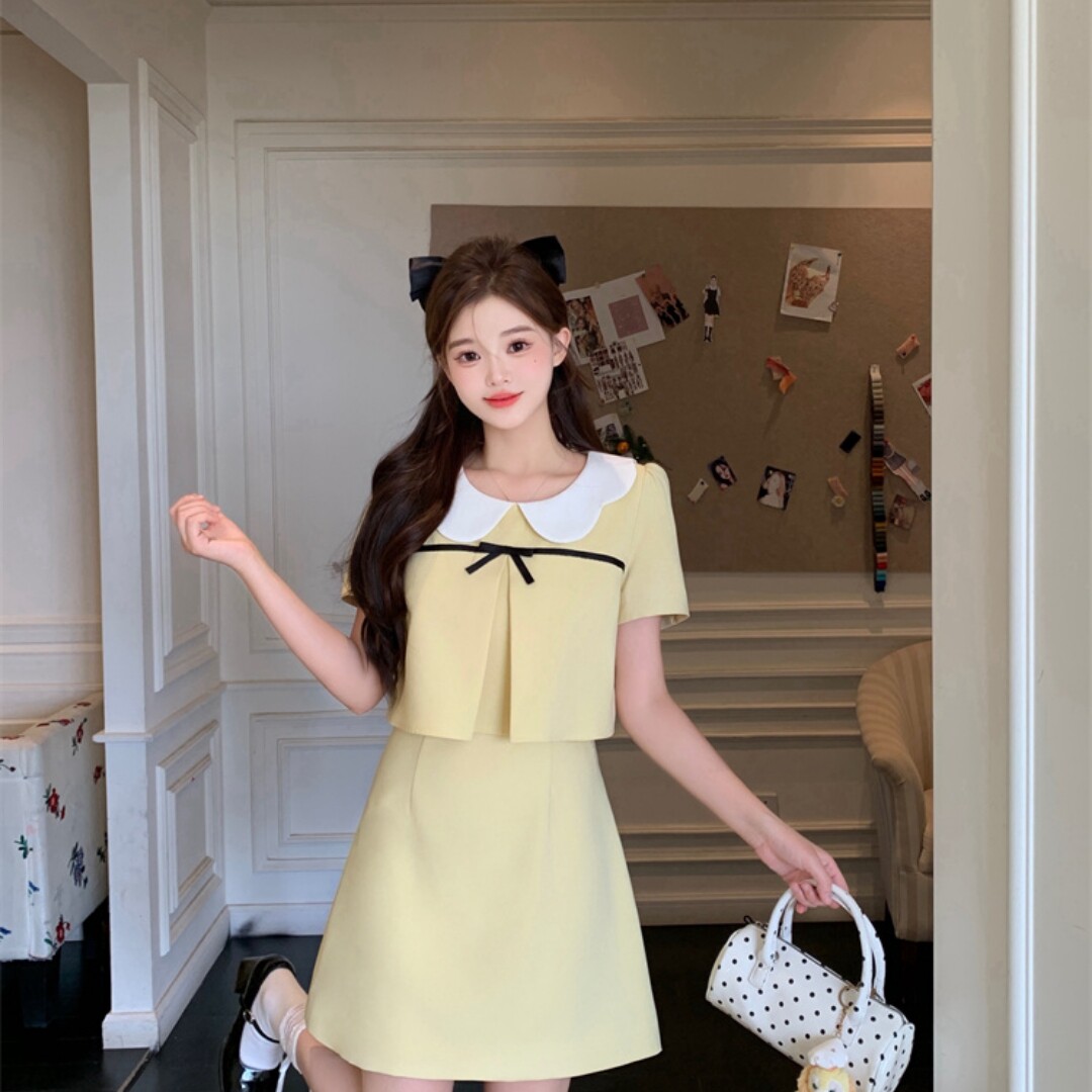 黄色小香风甜美圆领短袖连衣裙女夏季新款名媛气质假两件a字短裙